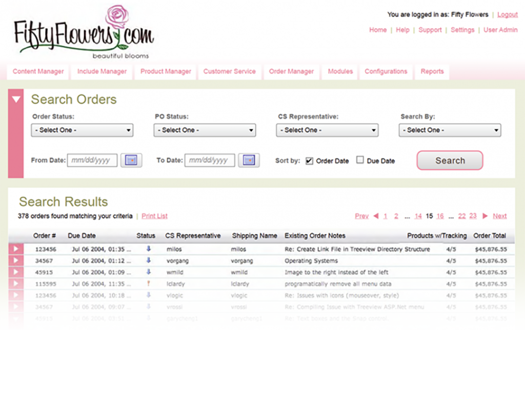 Screenshot of Fifty Flowers Admin UI project