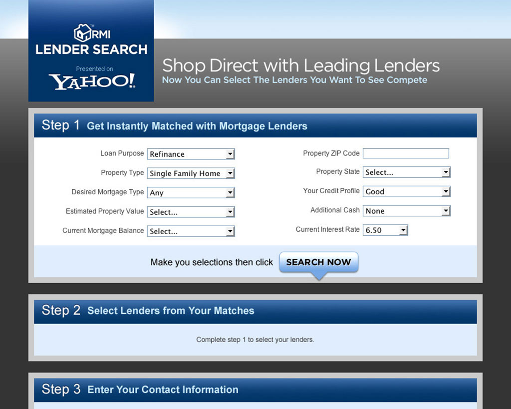 Screenshot of Yahoo! Lender Search Landing Page with Search Filtering project